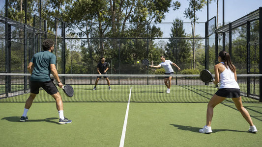 Four players playing doubles padel on an enclosed glass court