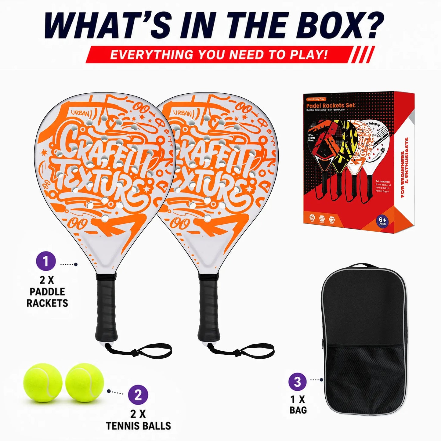 Padel Racket Set of 2 - Reinforced ABS Frame with Explosive EVA Rebound Core, Anti-Slip Grip Paddle Tennis Racquets, Includes 2 Balls & Carry Bag（Vibrant Orange）