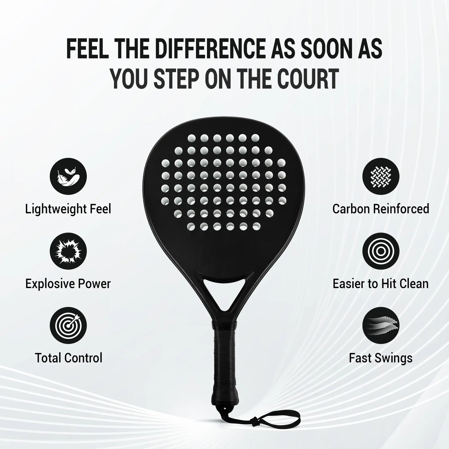 Hybrid Carbon Fiber Padel Racket Matte Stealth Black with High Resilience EVA Core - Power Control Racket