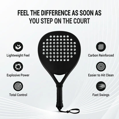 Hybrid Carbon Fiber Padel Racket Matte Stealth Black with High Resilience EVA Core - Power Control Racket