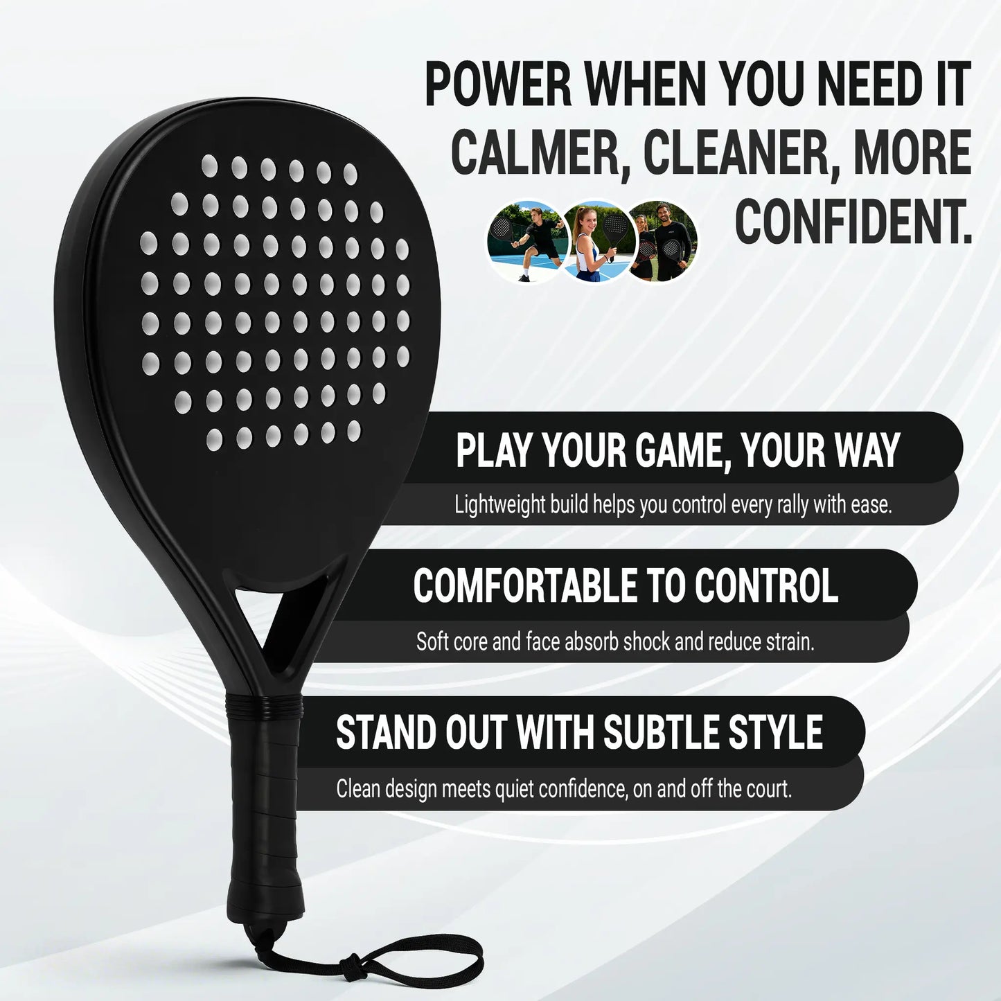 Hybrid Carbon Fiber Padel Racket Matte Stealth Black with High Resilience EVA Core - Power Control Racket