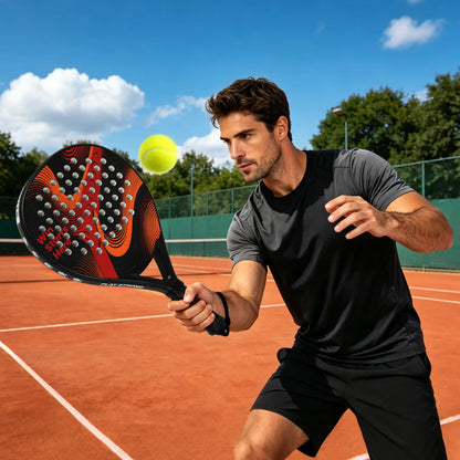 Hybrid Carbon Fiber Padel Racket Matte Red Black with High Rebound EVA Core - Explosive Power Spin Racket