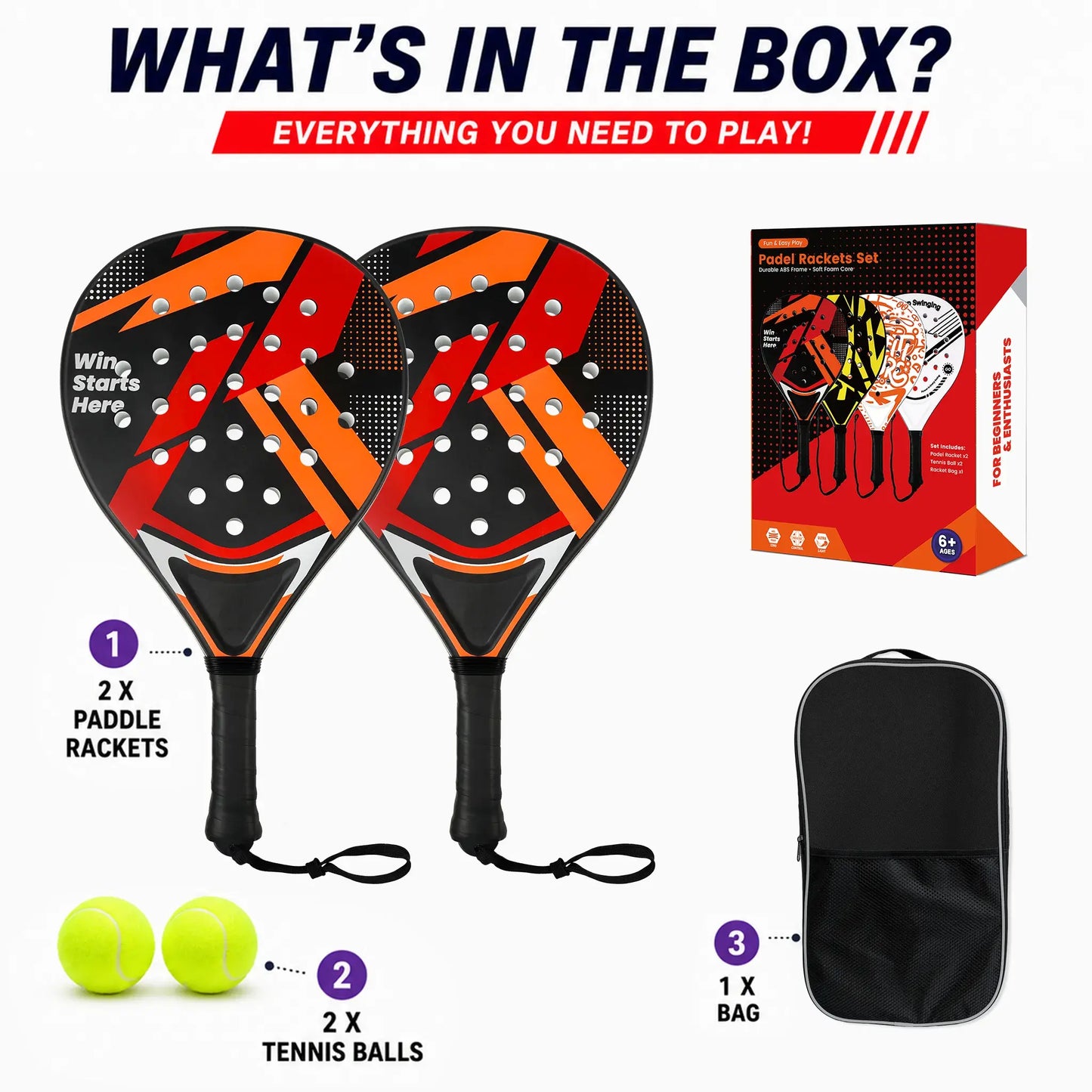 Padel Racket Set - Durable ABS Frame & High Rebound EVA Core, Adult Paddle Tennis Racquets with Non-Slip Grip, Includes 2 Balls & Carry Bag（Red and black）
