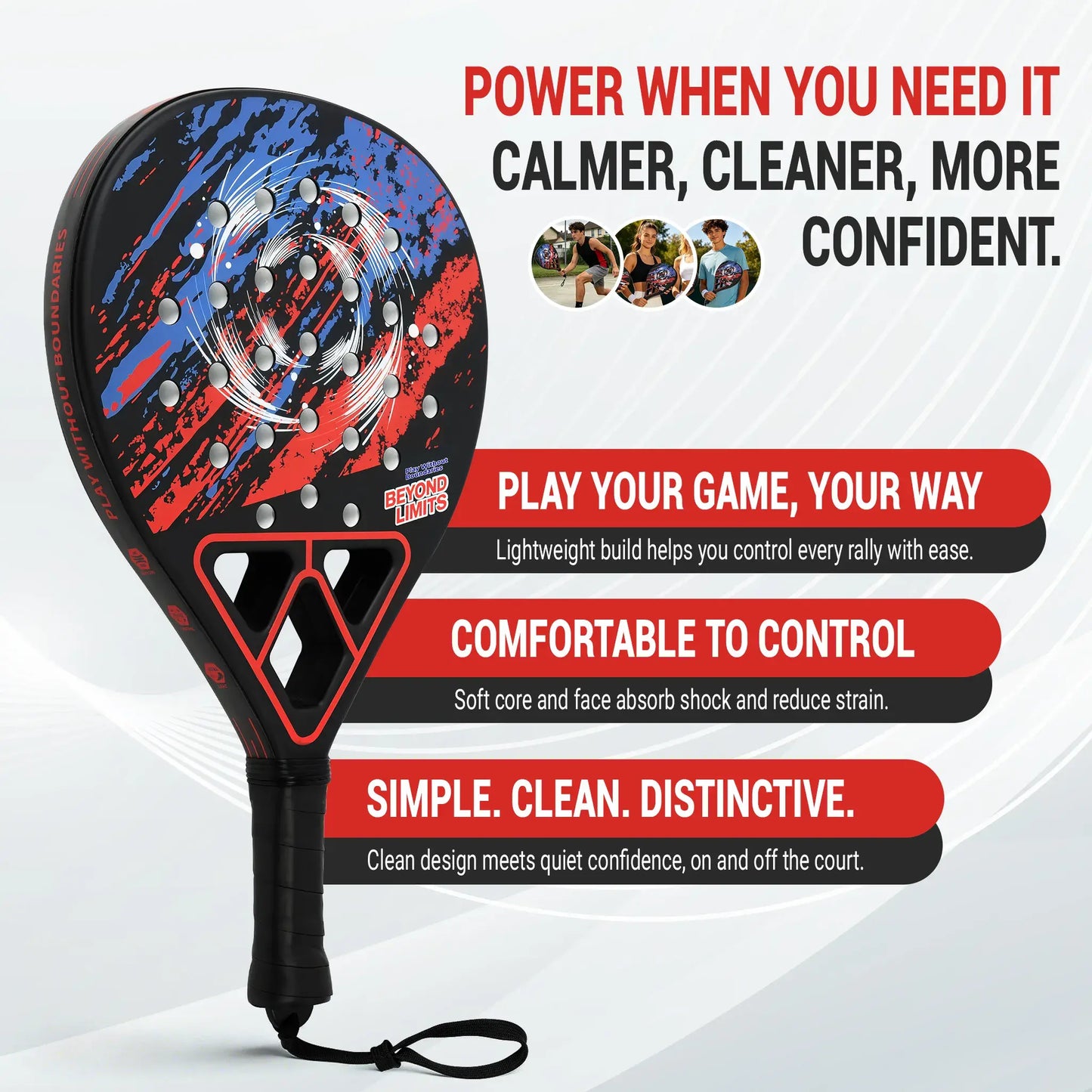 Professional Padel Tennis Racket - Strong Glass Fiber Frame, High Rebound EVA Core & Secure Anti-Slip Handle Paddle(Classic red and black)