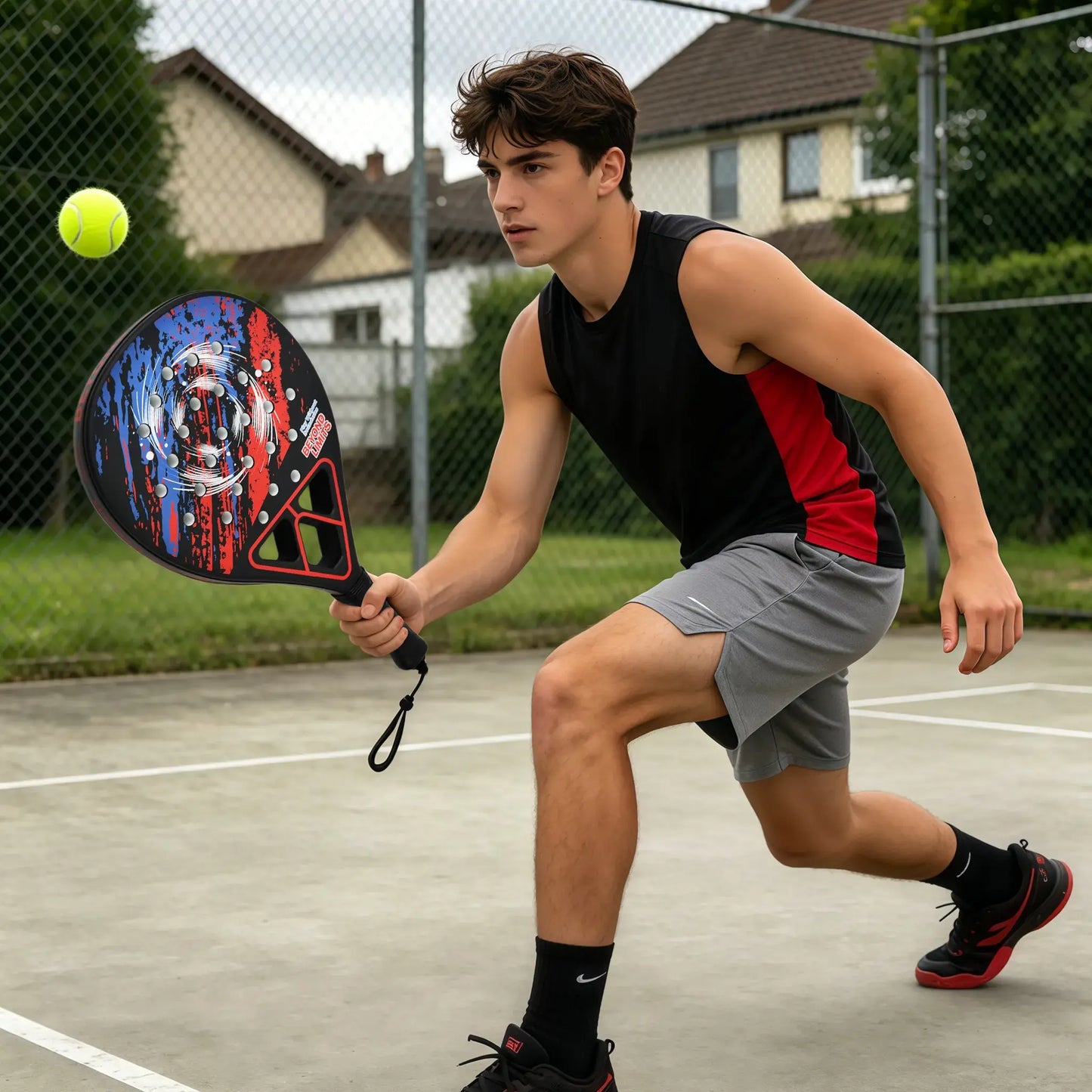 Professional Padel Tennis Racket - Strong Glass Fiber Frame, High Rebound EVA Core & Secure Anti-Slip Handle Paddle(Classic red and black)