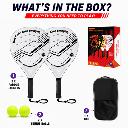Durable Padel Rackets Set of 2 - Heavy-Duty ABS Surface & Power EVA Core, Secure Non-Slip Handle, Complete Kit with 2 Balls & Travel Bag（Black and White Strings）