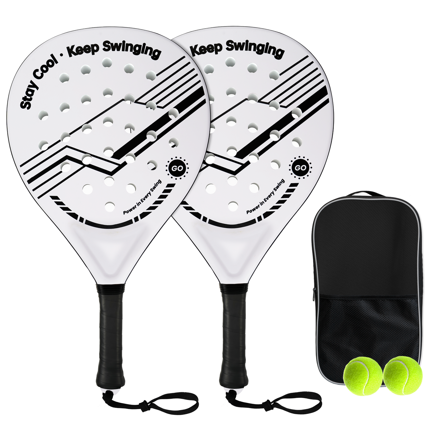 Durable Padel Rackets Set of 2 - Heavy-Duty ABS Surface & Power EVA Core, Secure Non-Slip Handle, Complete Kit with 2 Balls & Travel Bag（Black and White Strings）