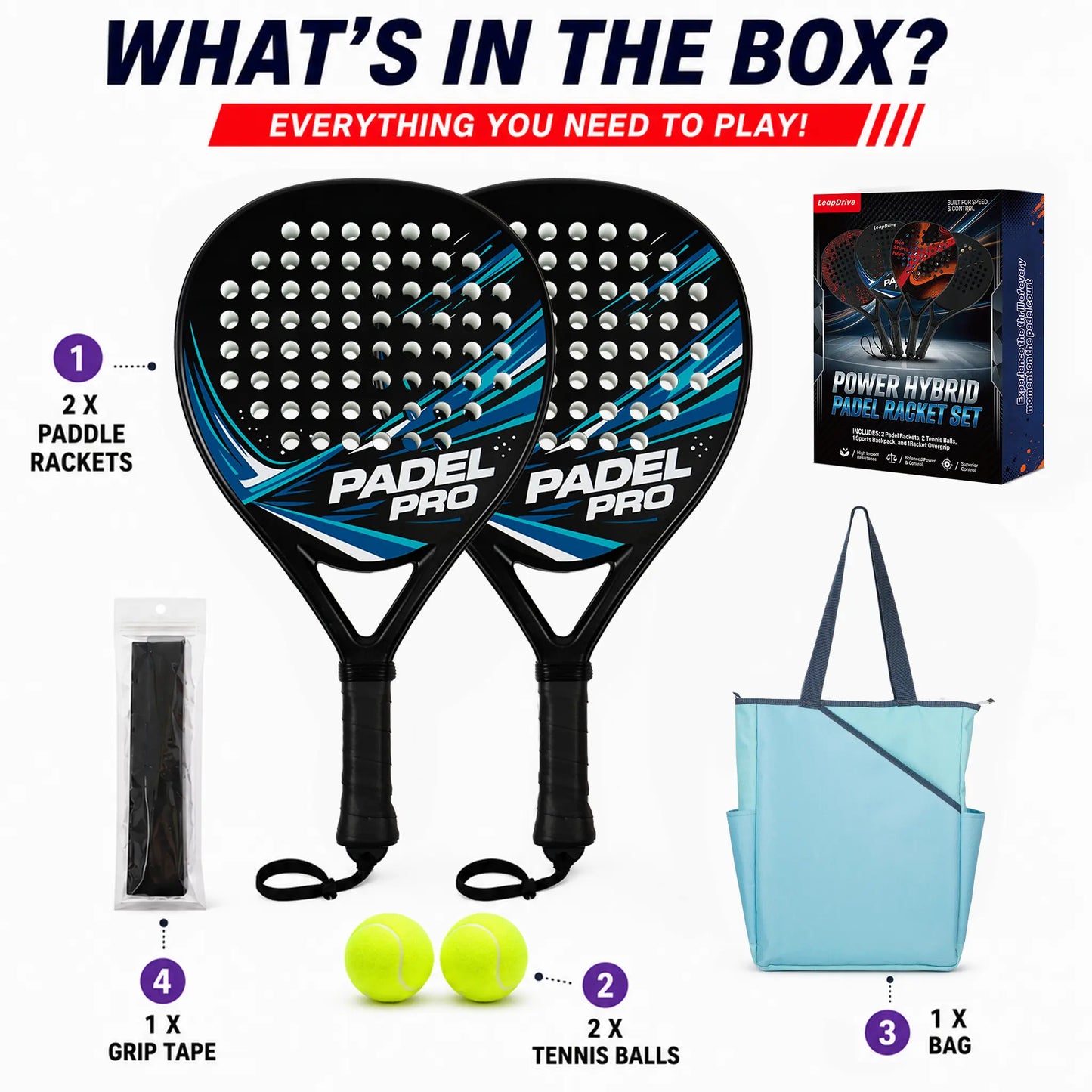 Hybrid Carbon Fiber Padel Racket Matte Blue Black with High Elasticity EVA Core - Lightweight Control Racket